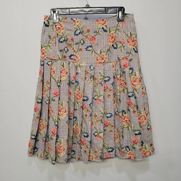 Brooks‎ Brothers Skirt SZ 4 Houndstooth Floral Embroidery Pleats Unique Academia - Picture 2 of 9